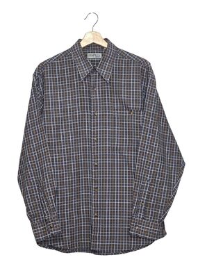 Original Penguin Men's Navy and Brown Windowpane Button-Up Shirt Size Large